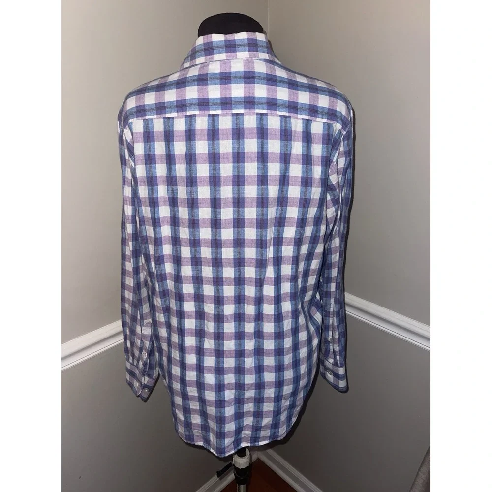Banana Republic‎ Plaid Purple Blue Linen Cotton Mens Shirt Medium Roll Sleeve